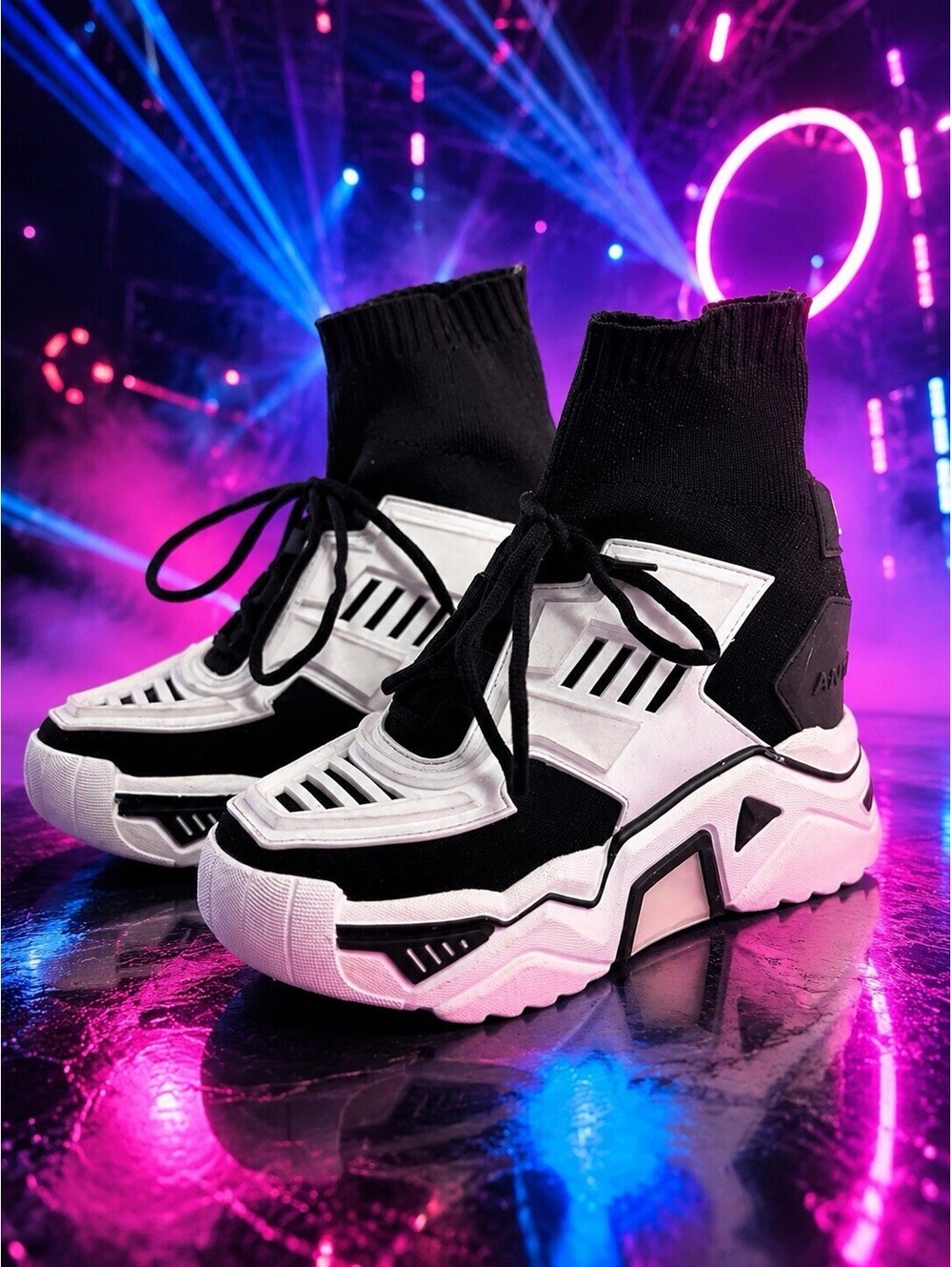 Anthony Wang Knit Sock Platform Sneakers Hidden Wedge Black White US Women 6.5